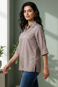 Taupe Solid Yarn Dyed Satin Straight Kurti