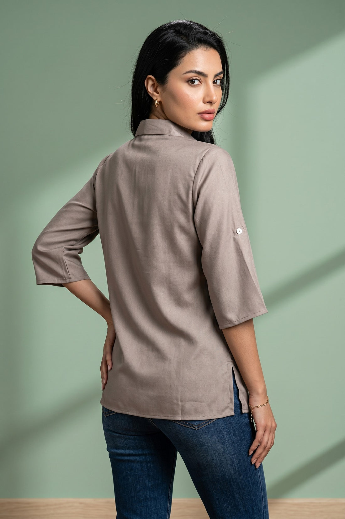 Taupe Solid Yarn Dyed Satin Straight Kurti