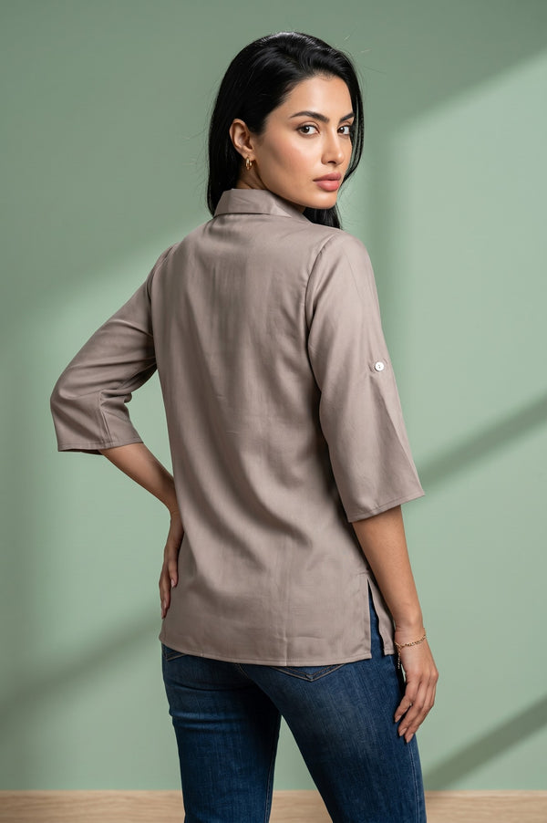 Taupe Solid Yarn Dyed Satin Straight Kurti