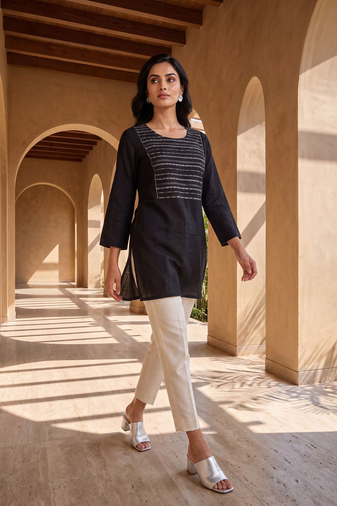 Black Embroidered Pure Cotton Straight Top