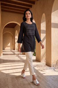 Black Embroidered Pure Cotton Straight Top