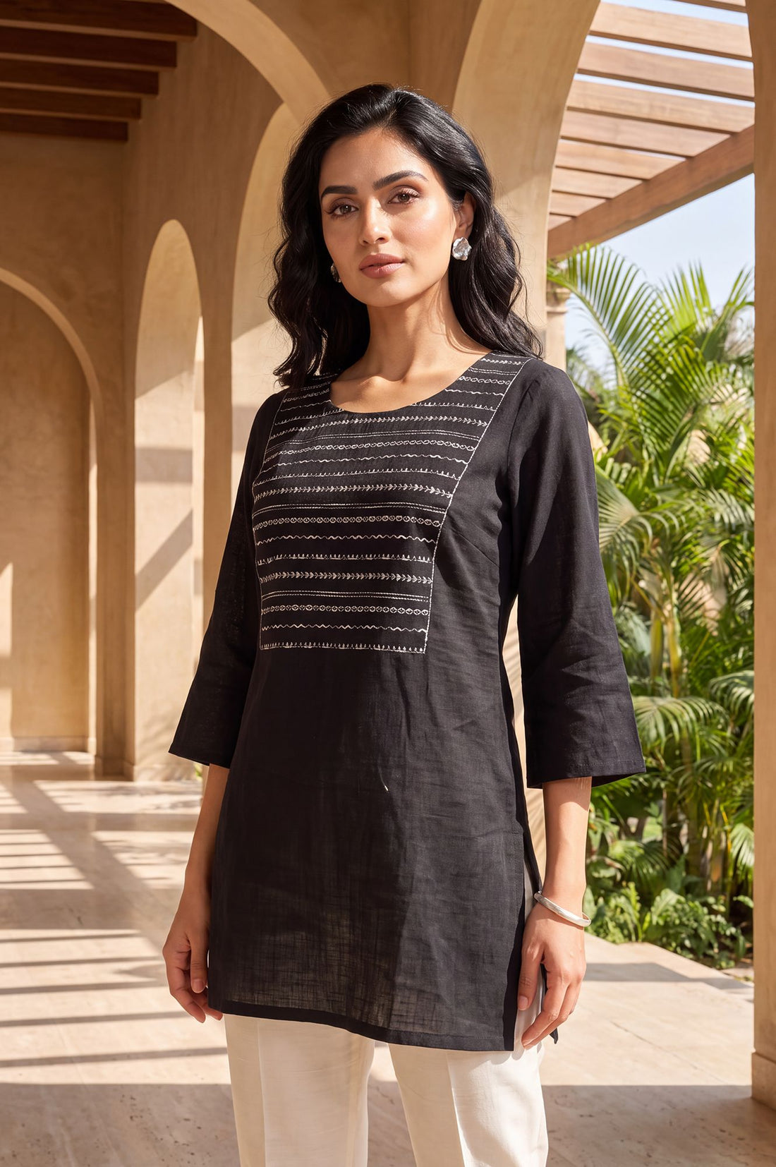 Black Embroidered Pure Cotton Straight Top