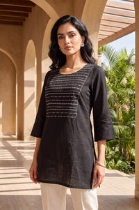 Black Embroidered Pure Cotton Straight Top
