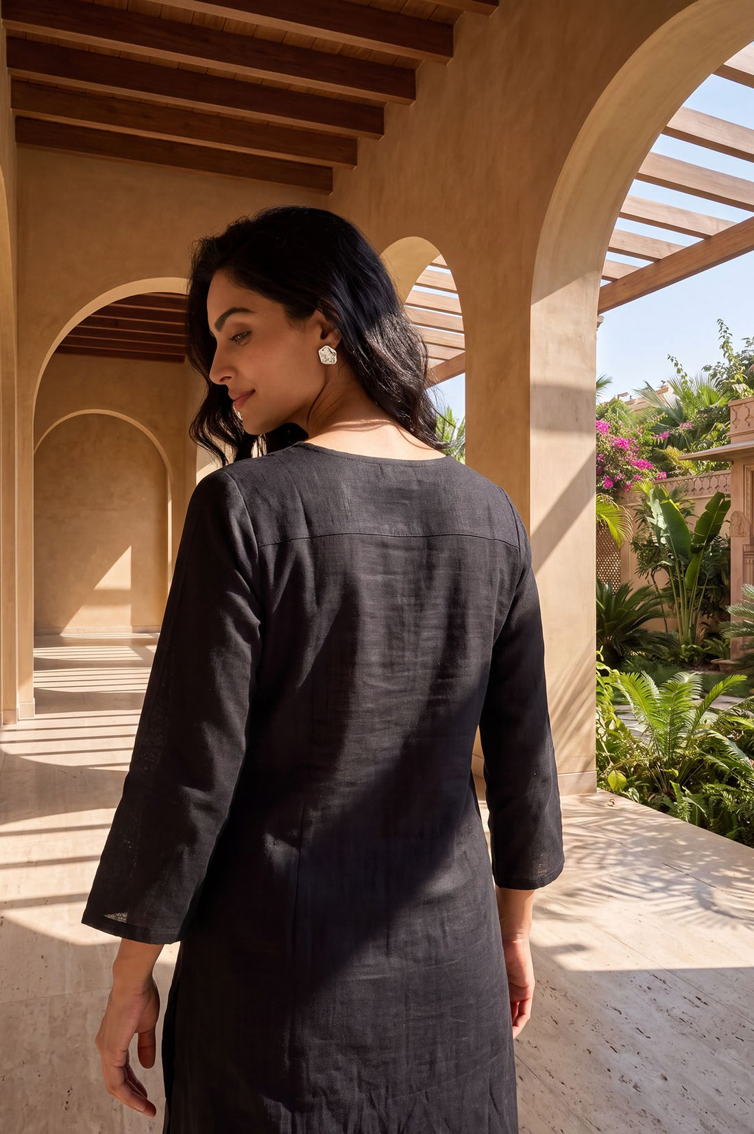 Black Embroidered Pure Cotton Straight Top