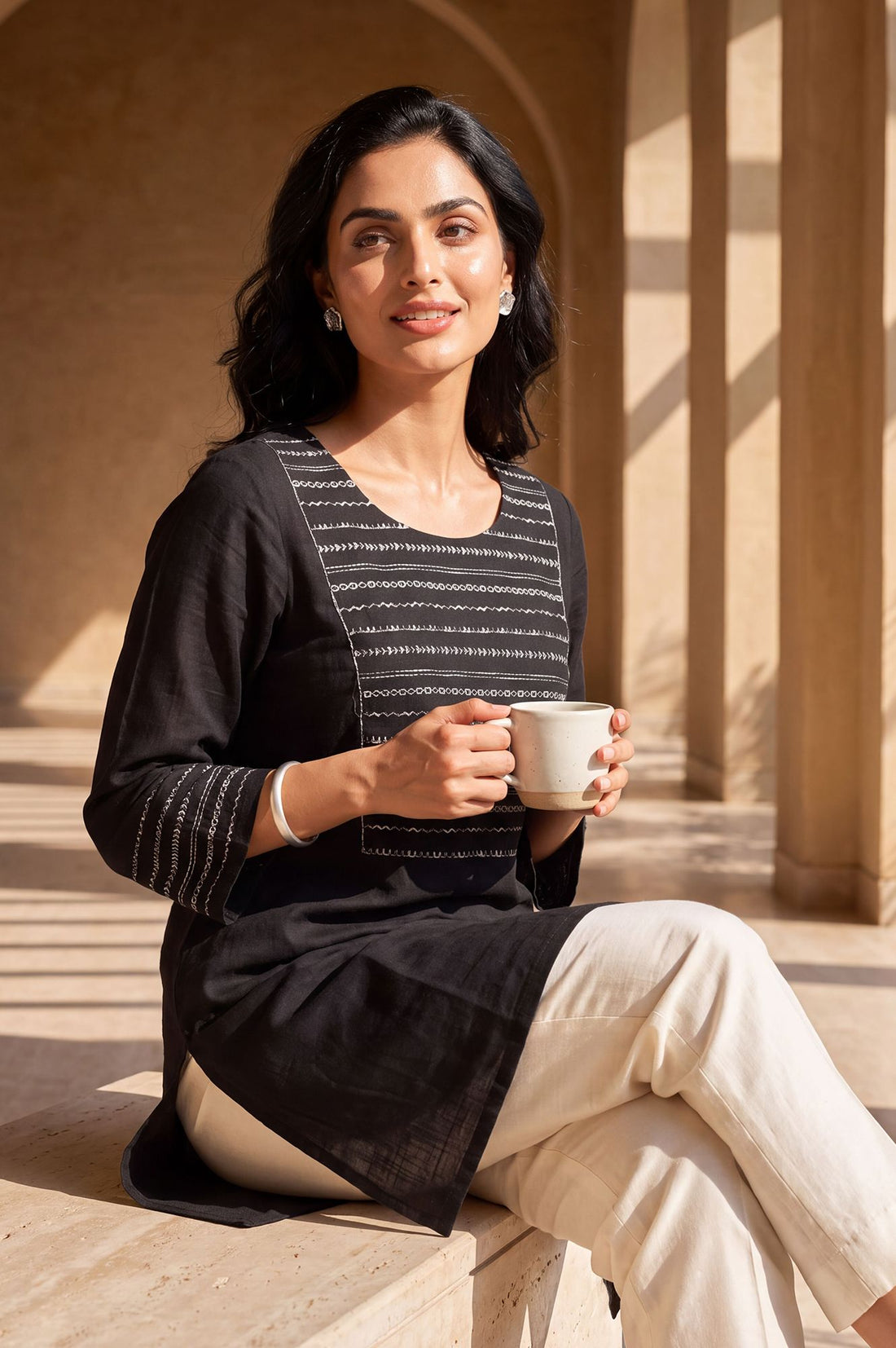 Black Embroidered Pure Cotton Straight Top
