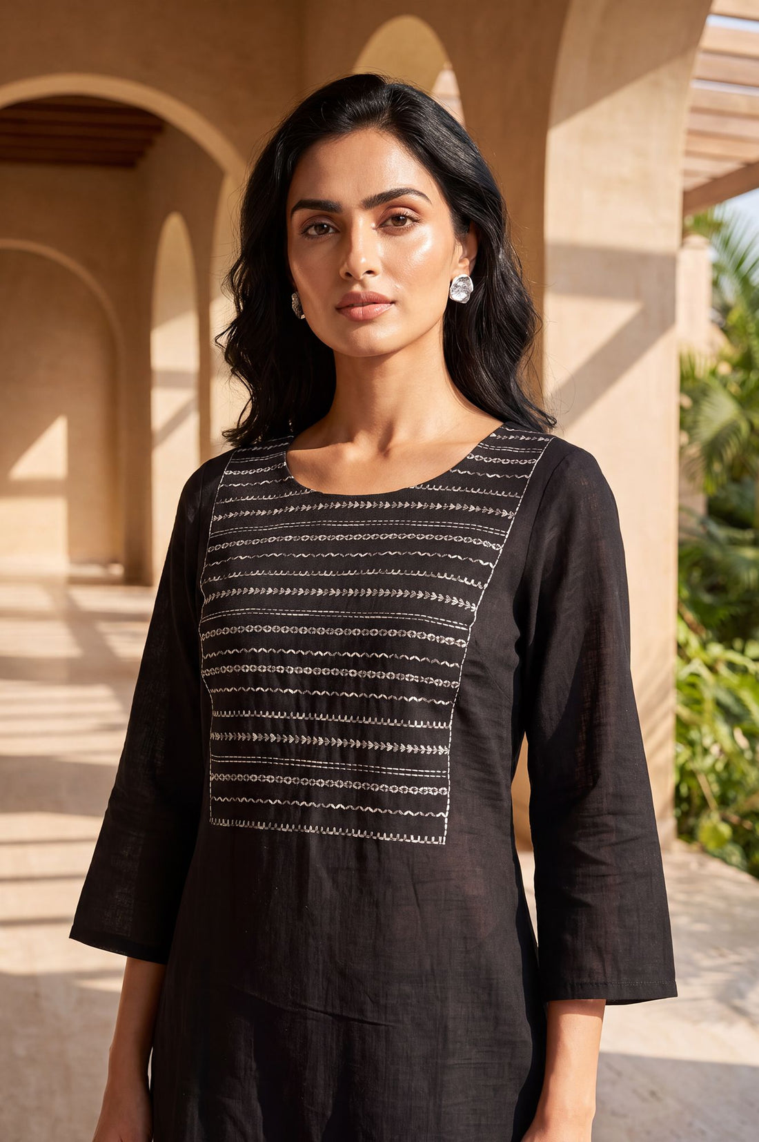 Black Embroidered Pure Cotton Straight Top