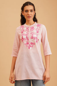 Pink Embroidered Pure Cotton Straight Top