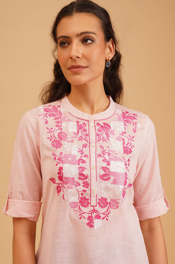 Pink Embroidered Pure Cotton Straight Top