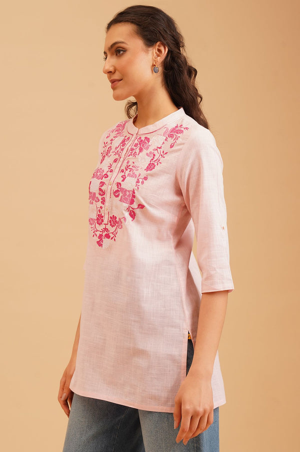Pink Embroidered Pure Cotton Straight Top