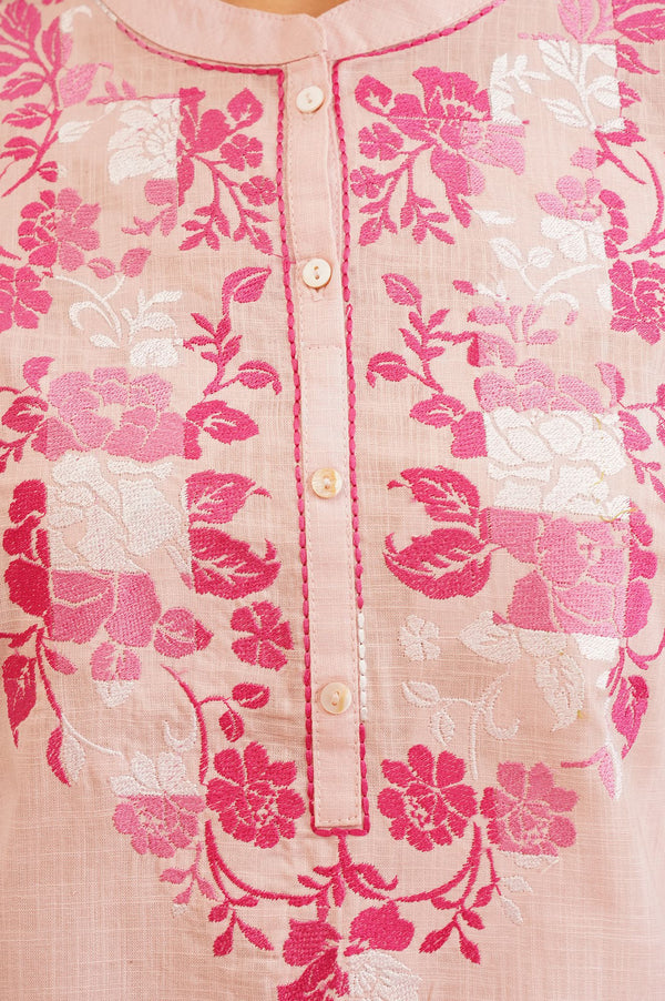 Pink Embroidered Pure Cotton Straight Top