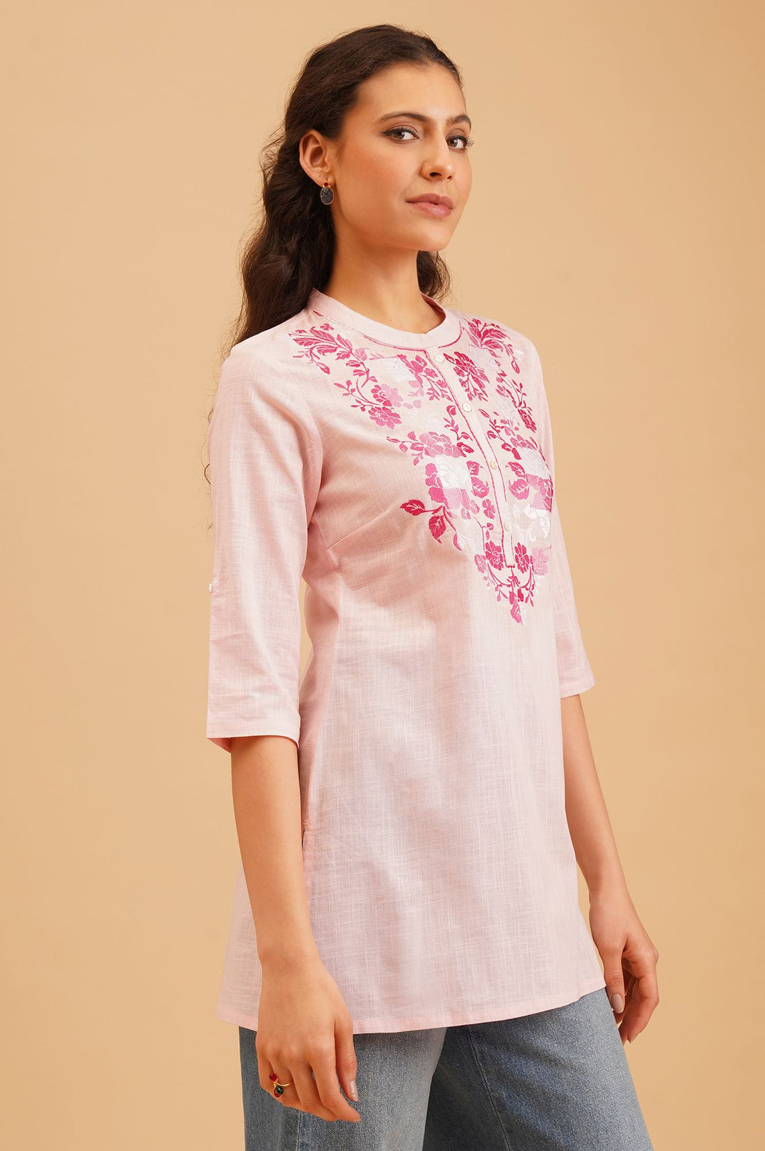 Pink Embroidered Pure Cotton Straight Top