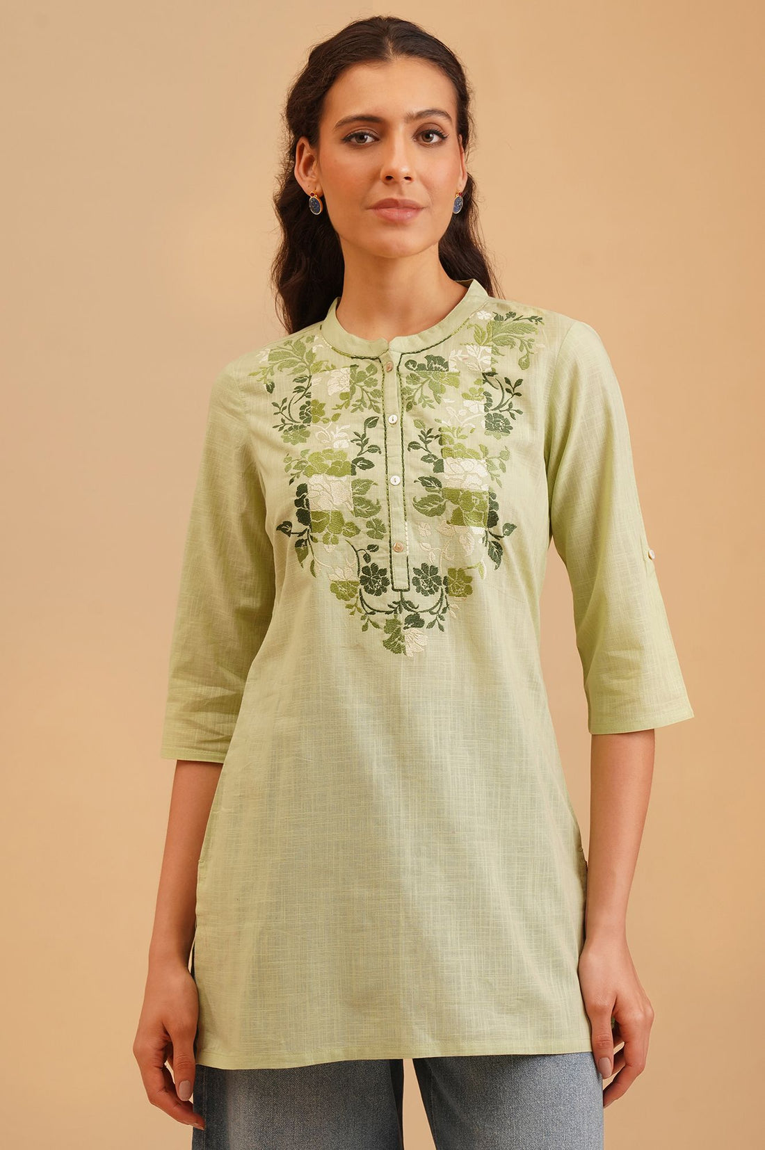 Green Embroidered Pure Cotton Straight Top