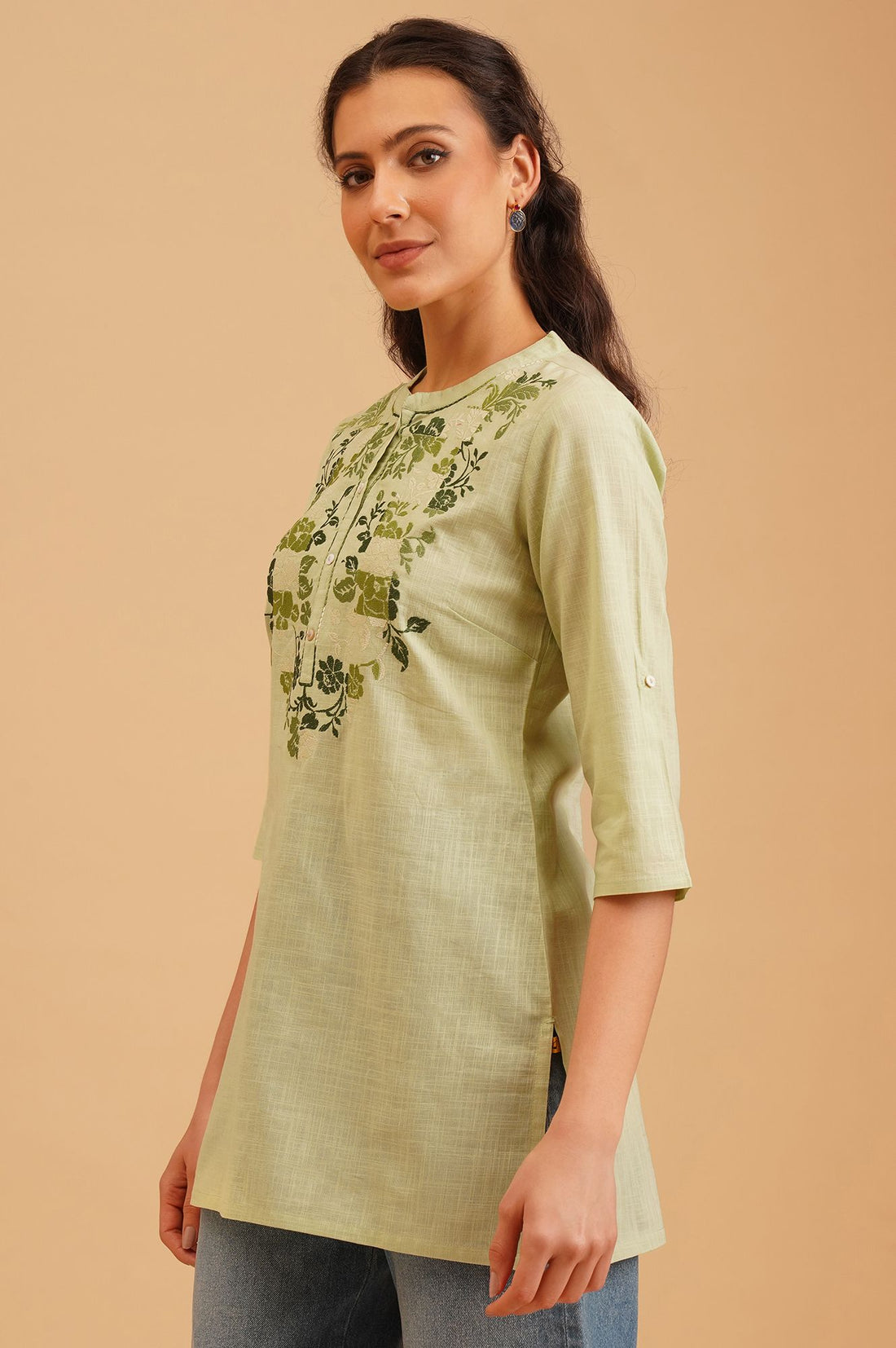 Green Embroidered Pure Cotton Straight Top