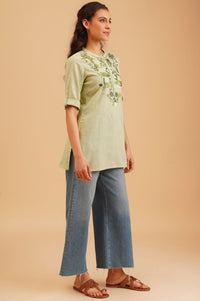 Green Embroidered Pure Cotton Straight Top