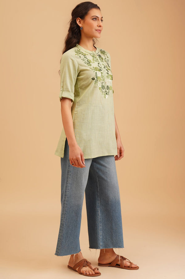Green Embroidered Pure Cotton Straight Top