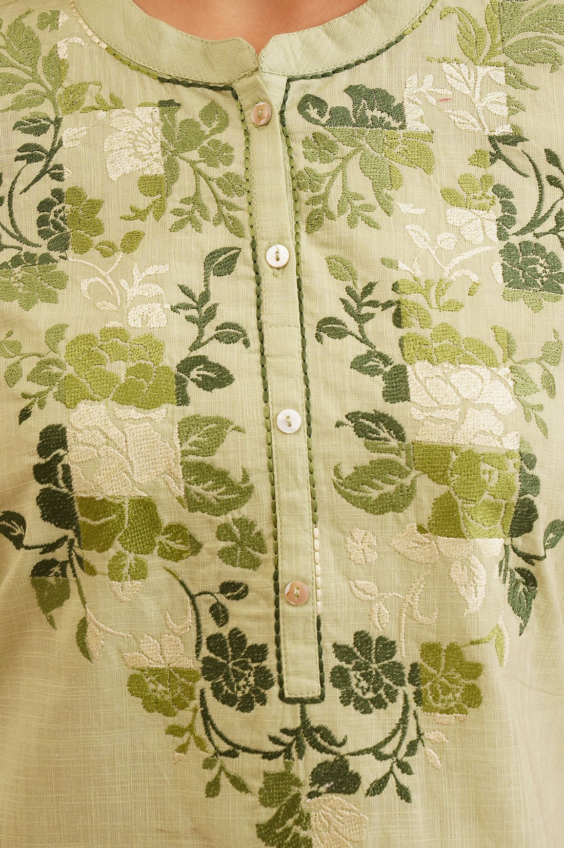 Green Embroidered Pure Cotton Straight Top