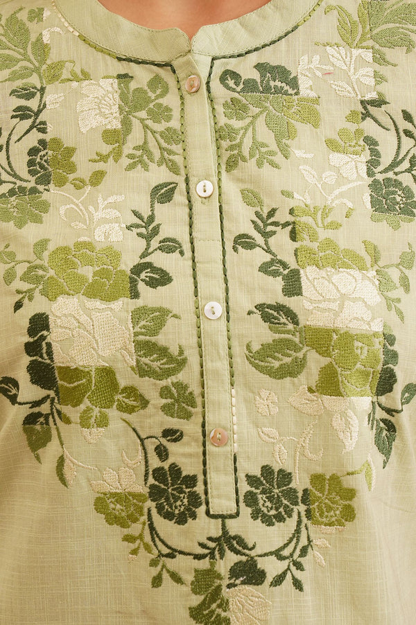 Green Embroidered Pure Cotton Straight Top