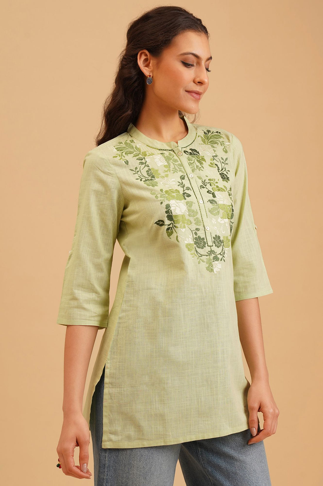 Green Embroidered Pure Cotton Straight Top