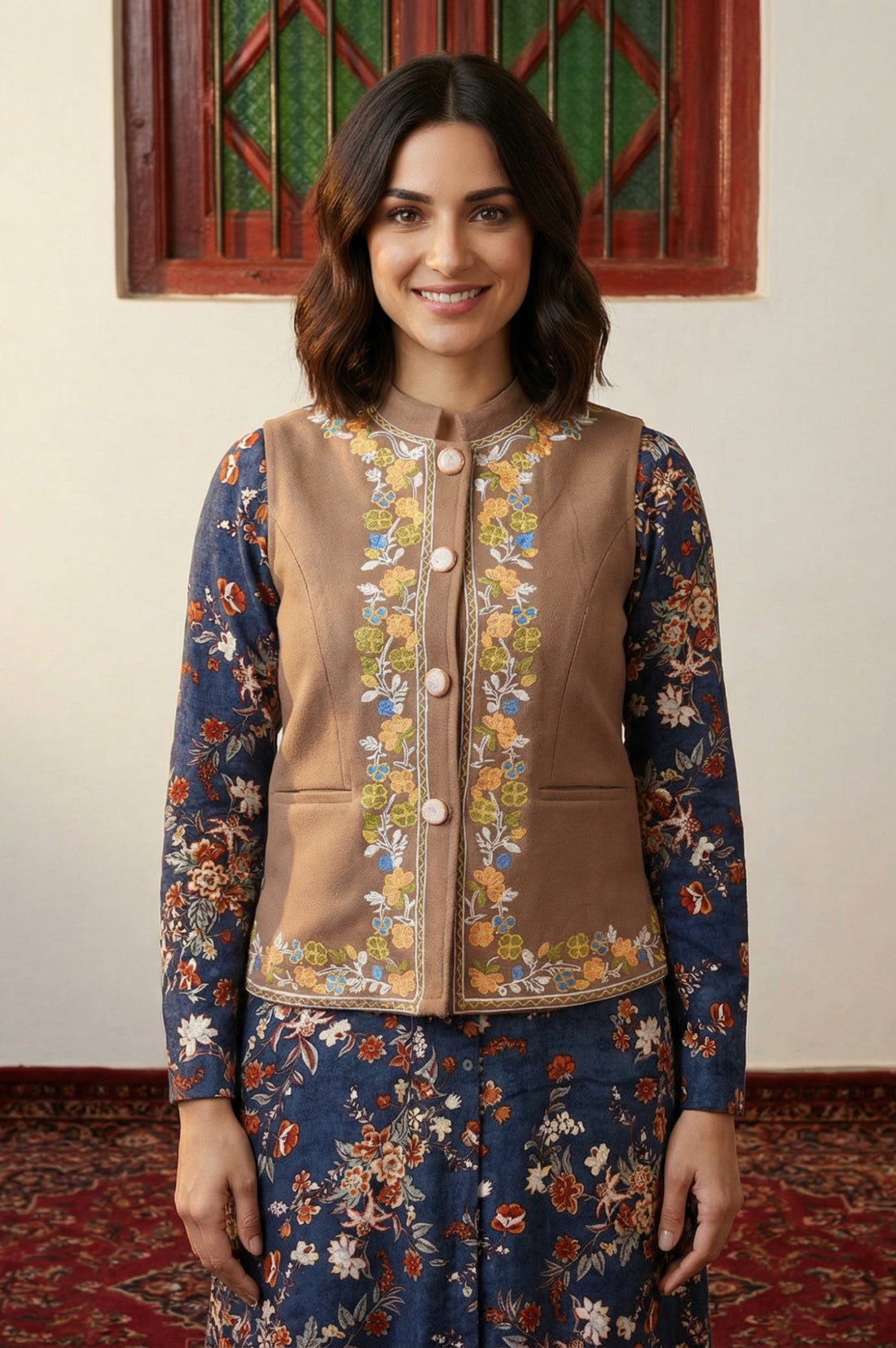 Brown Embroidered Straight Winter Waistcoat