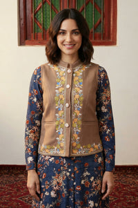 Brown Embroidered Straight Winter Waistcoat