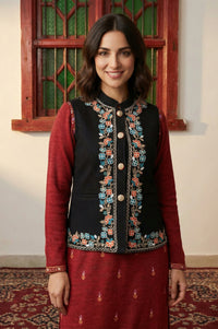 Black Embroidered Straight Winter Waistcoat