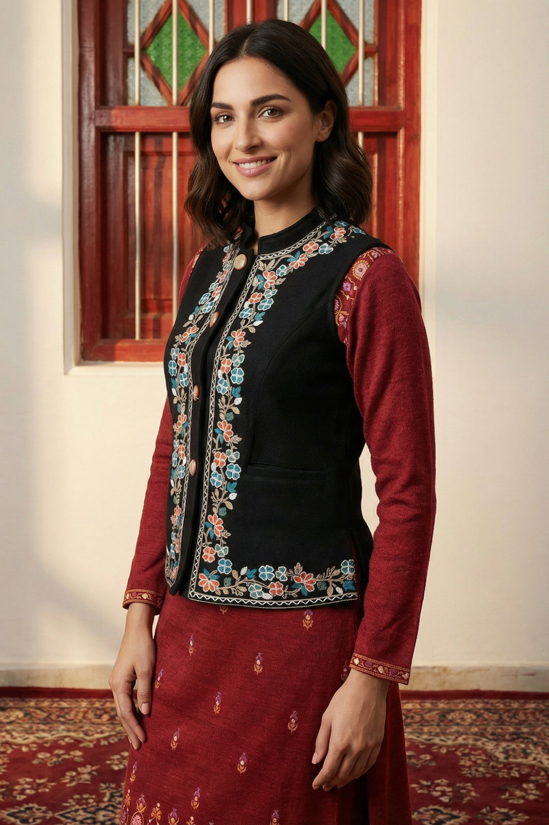 Black Embroidered Straight Winter Waistcoat