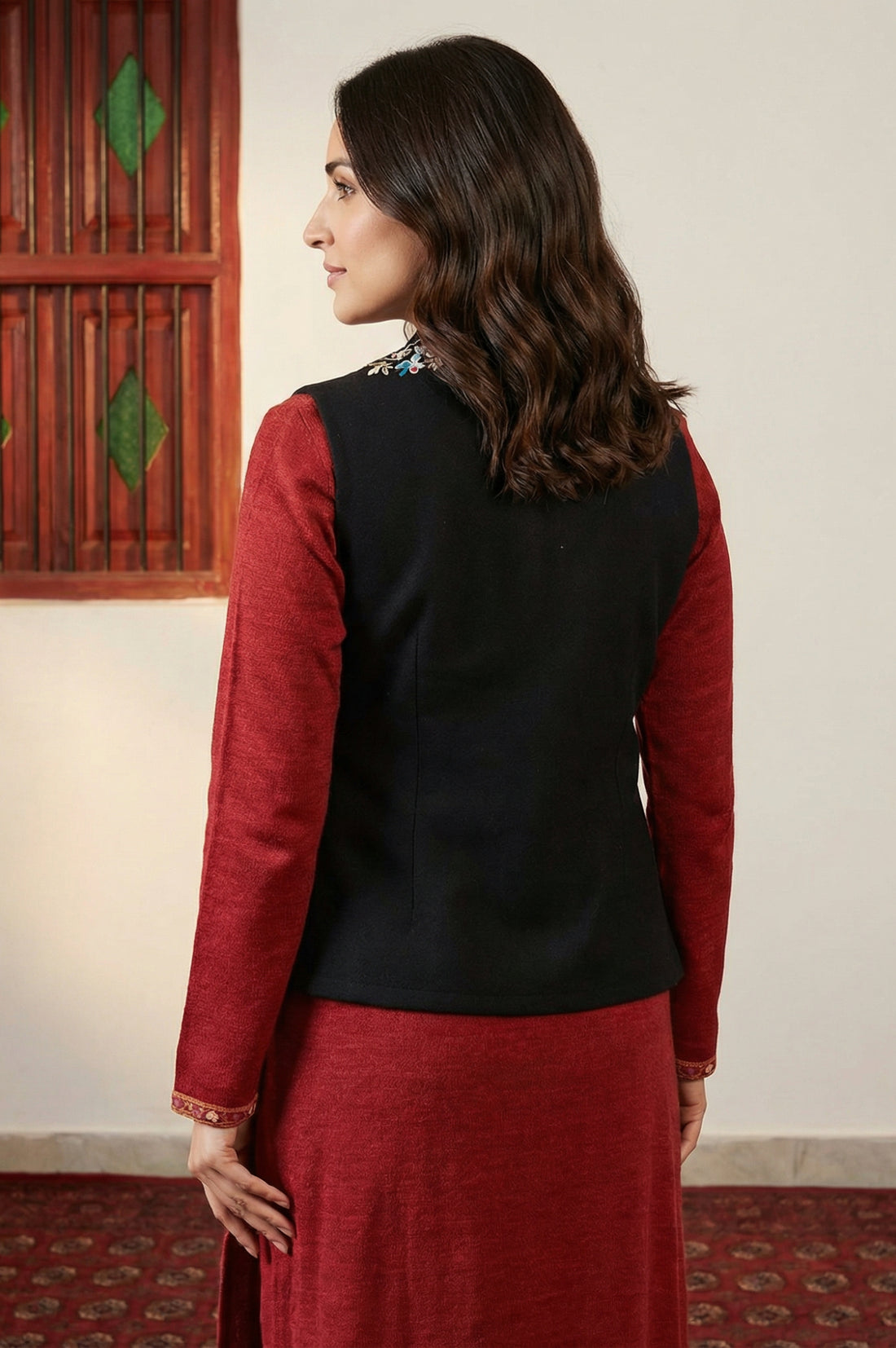 Black Embroidered Straight Winter Waistcoat