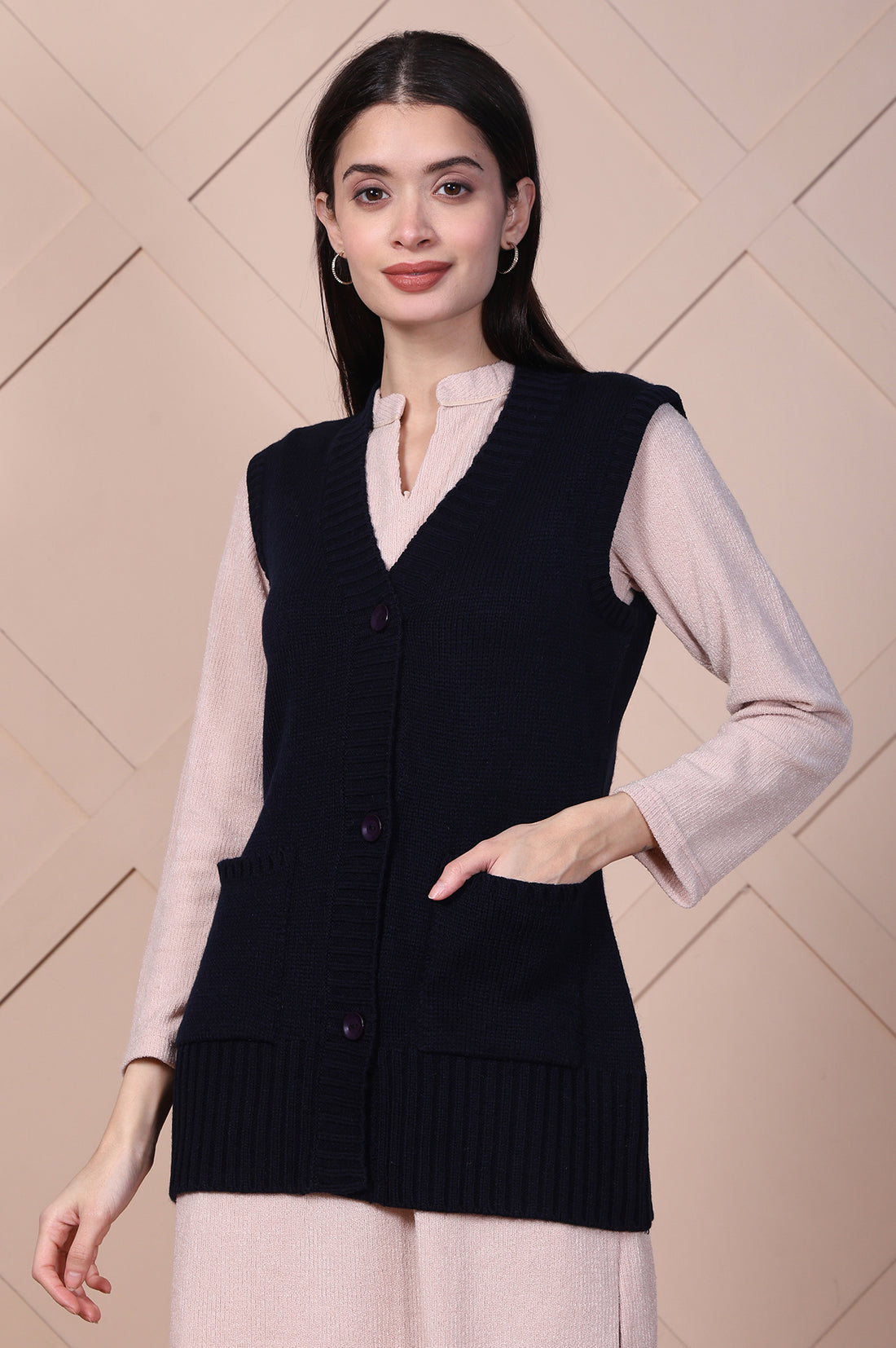 Navy Blue Solid Acrylic Straight Cardigan