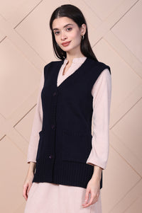 Navy Blue Solid Acrylic Straight Cardigan