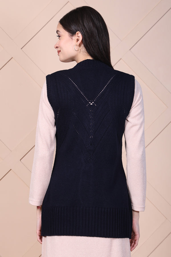 Navy Blue Solid Acrylic Straight Cardigan