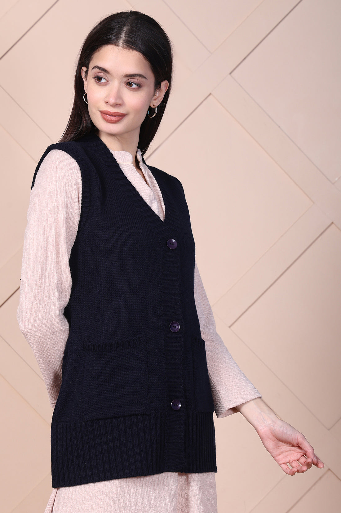 Navy Blue Solid Acrylic Straight Cardigan