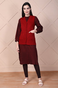 Red Solid Acrylic Straight Cardigan