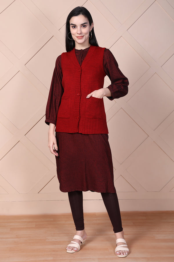 Red Solid Acrylic Straight Cardigan