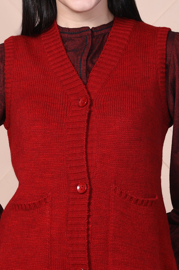 Red Solid Acrylic Straight Cardigan