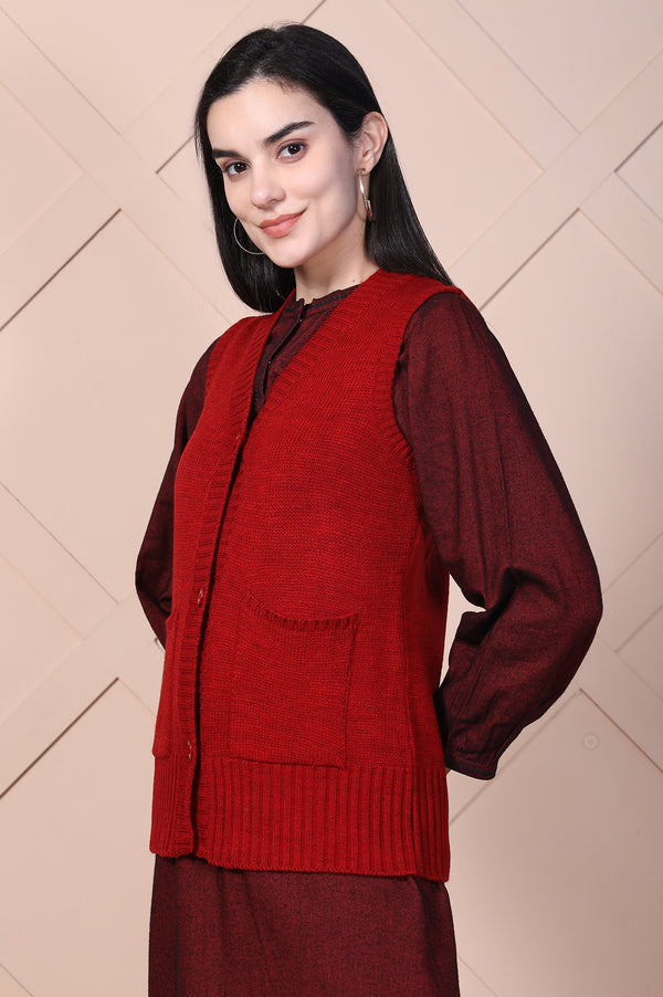 Red Solid Acrylic Straight Cardigan