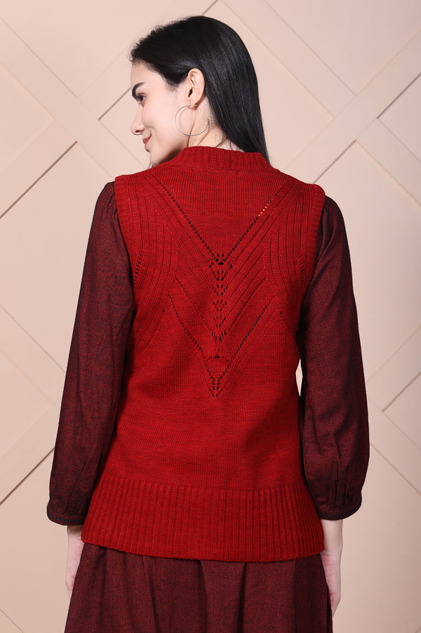 Red Solid Acrylic Straight Cardigan