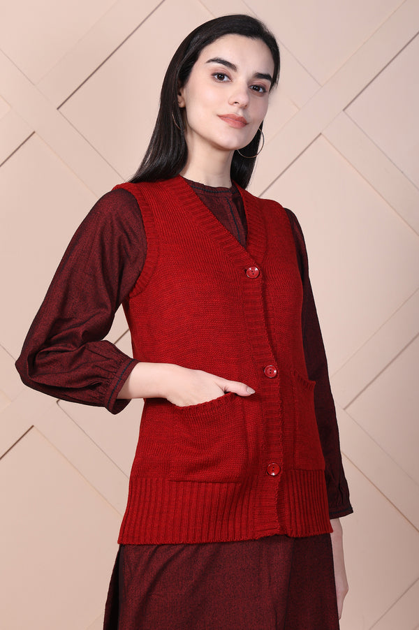 Red Solid Acrylic Straight Cardigan