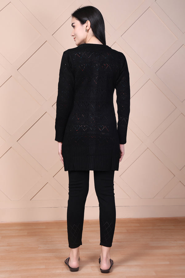 Black Geometric Printed Acrylic Straight Cardigan