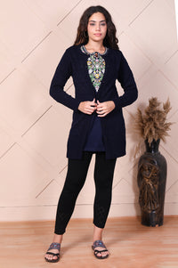 Navy Blue Embroidered Straight Acrylic Sweater