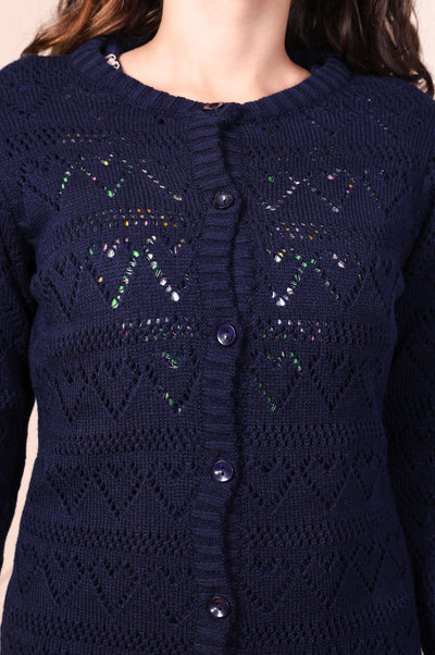 Navy Blue Embroidered Straight Acrylic Sweater