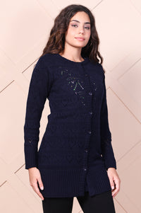 Navy Blue Embroidered Straight Acrylic Sweater