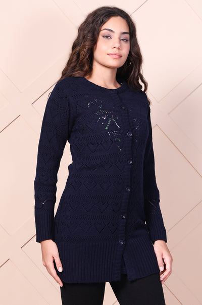 Navy Blue Embroidered Straight Acrylic Sweater