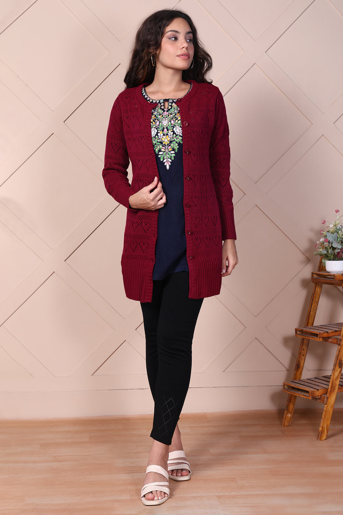 Maroon Embroidered Self Design Straight Acrylic Sweater