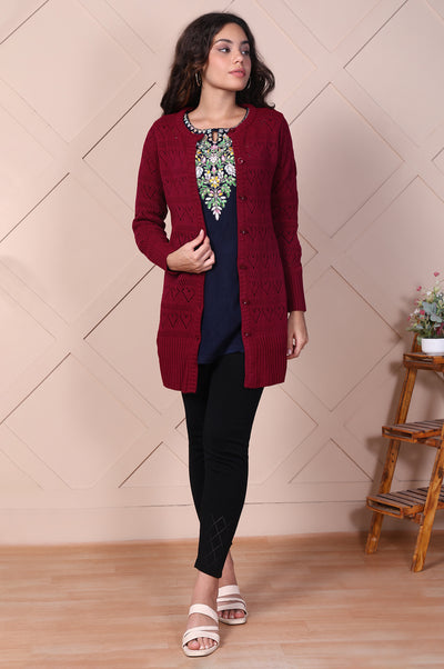 Maroon Embroidered Self Design Straight Acrylic Sweater