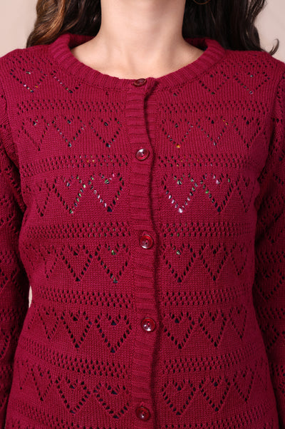 Maroon Embroidered Self Design Straight Acrylic Sweater