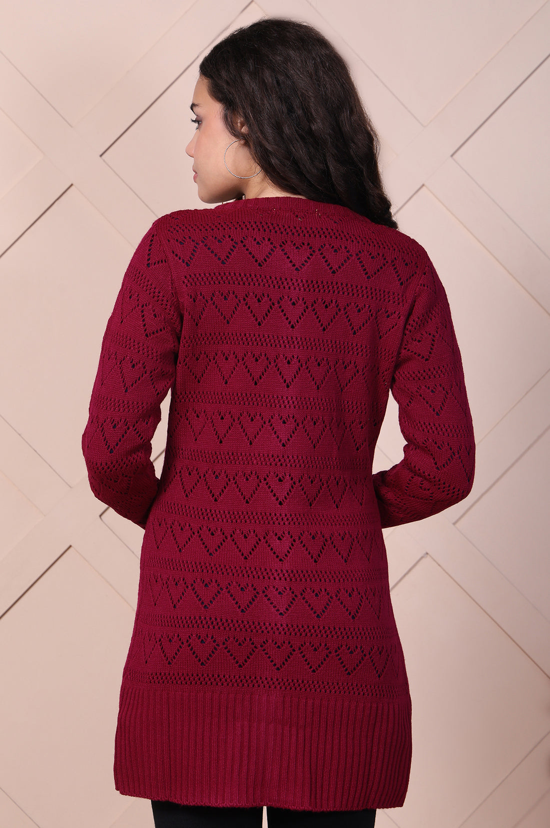 Maroon Embroidered Self Design Straight Acrylic Sweater