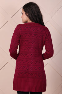 Maroon Embroidered Self Design Straight Acrylic Sweater