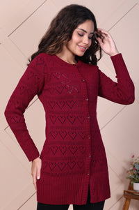 Maroon Embroidered Self Design Straight Acrylic Sweater