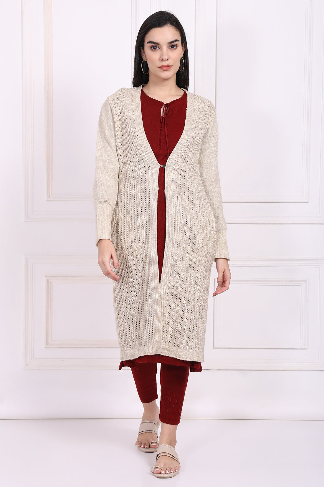 Beige Textured Tasseled Straight Acrylic Sweater
