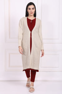 Beige Textured Tasseled Straight Acrylic Sweater